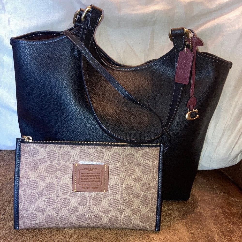 SOLD Coach Black Leather day tote Bag with detachable clutch and gold accents .